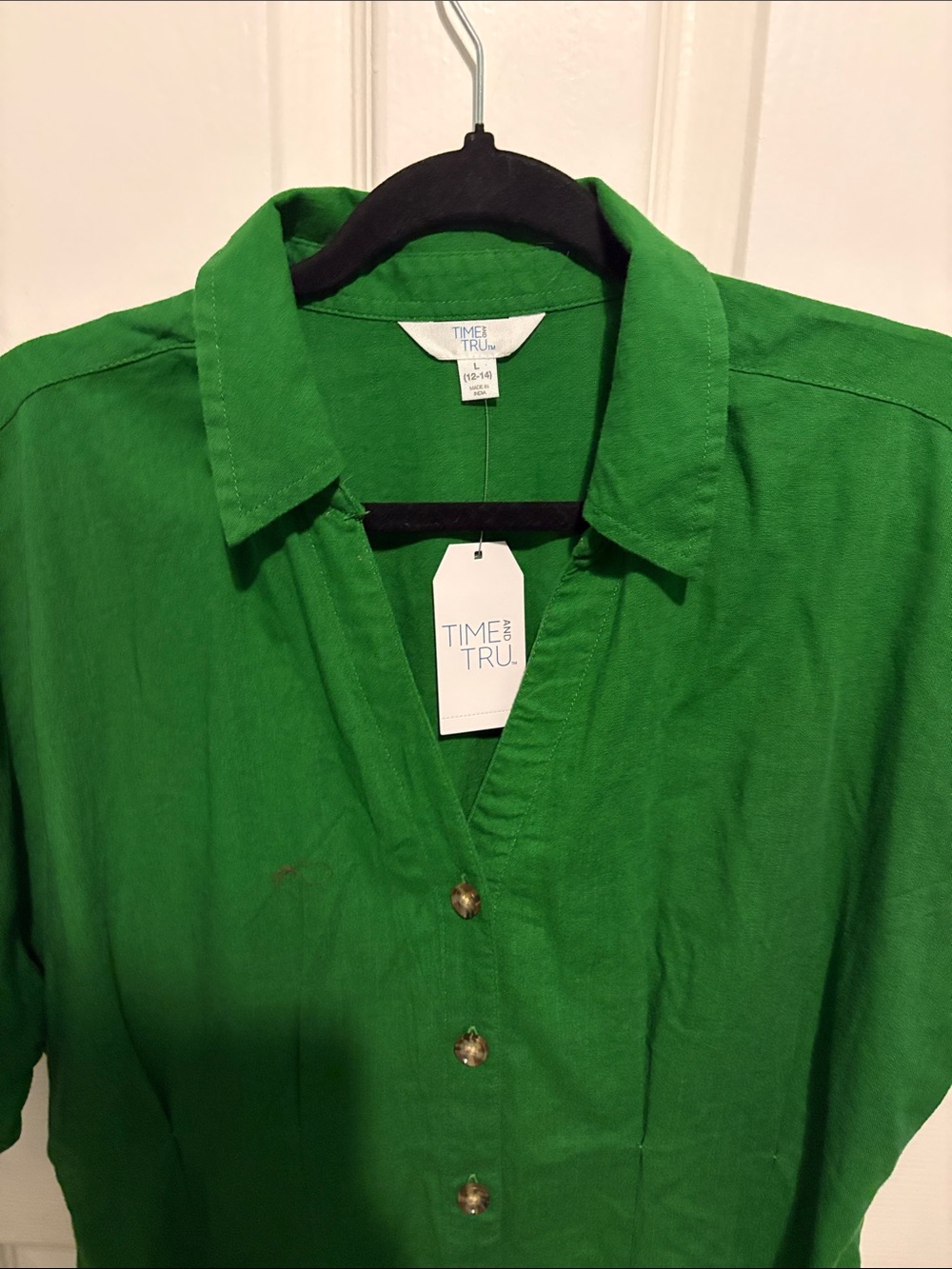 Time and Tru Bright Green Button-Front Mini Shirt Dress - Picture 3 of 7